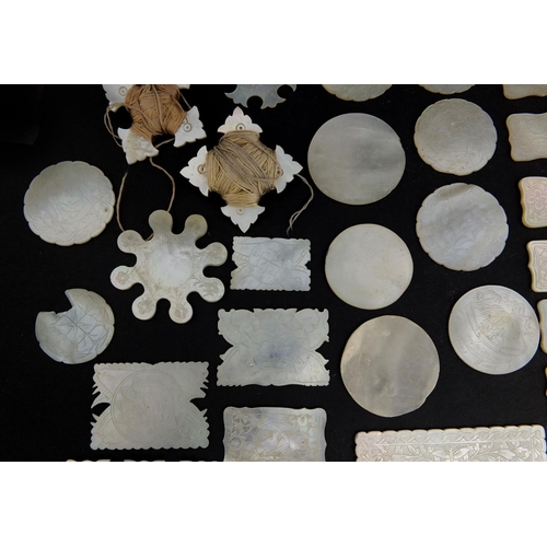 448 - Collection of Chinese Cantonese Mother of Pearl gaming counters and cotton winders, various shapes, ... 