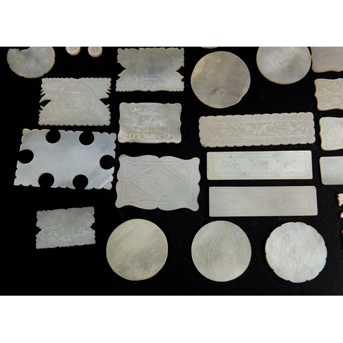 448 - Collection of Chinese Cantonese Mother of Pearl gaming counters and cotton winders, various shapes, ... 