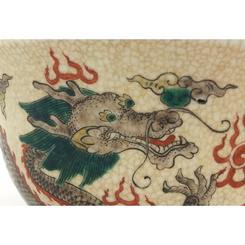 378 - Chinese crackle glazed stoneware bowl, hand painted in the famille verte palette with dragons chasin... 