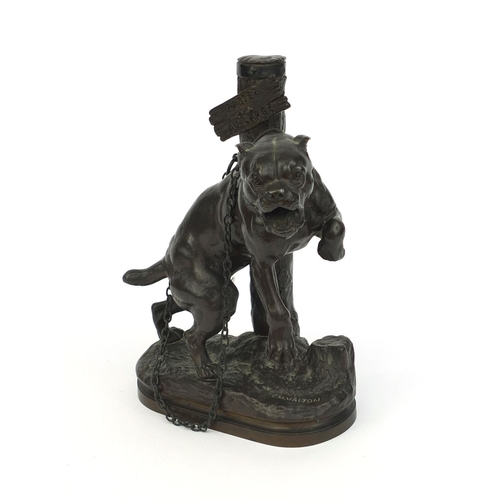 1 - Charles Valton bronze study of an angry Bull Mastiff chained to a post 'Go to Sea', signed, 27cm hig... 