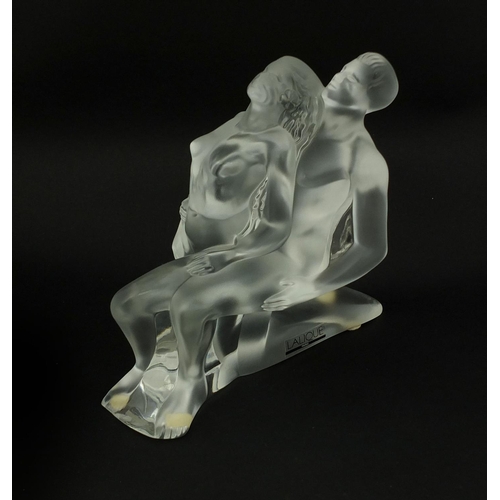 589 - Lalique frosted glass paperweight of two nude dancers, with original label, etched 'Lalique France' ... 