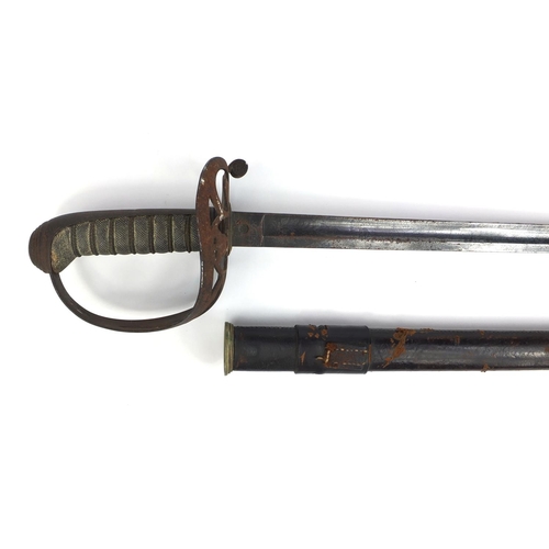 305 - Military interest Brigg of London dress sword and scabbard, with wire bound shagreen grip, the blade... 