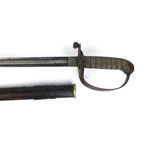 305 - Military interest Brigg of London dress sword and scabbard, with wire bound shagreen grip, the blade... 