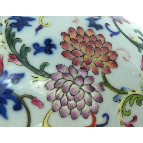 355 - Chinese porcelain moonflask profusely hand painted in the famille rose palette, with peony and lotus... 