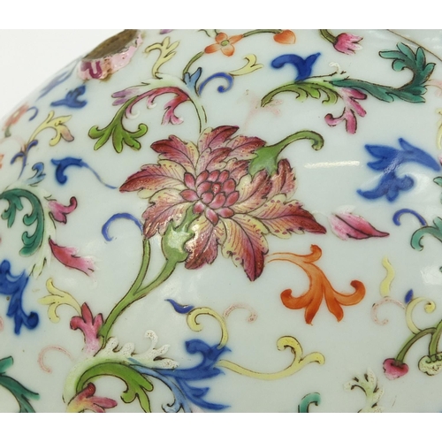 355 - Chinese porcelain moonflask profusely hand painted in the famille rose palette, with peony and lotus... 