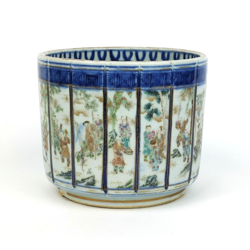 368 - Chinese porcelain brush pot hand painted in famille rose palette, with panels of figures within blue... 