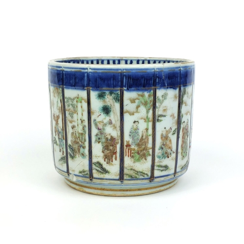 368 - Chinese porcelain brush pot hand painted in famille rose palette, with panels of figures within blue... 