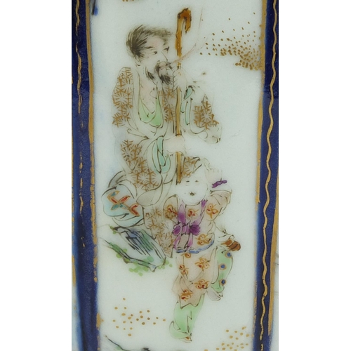 368 - Chinese porcelain brush pot hand painted in famille rose palette, with panels of figures within blue... 