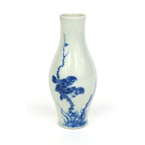 391 - Chinese blue and white porcelain vase, hand painted with birds on a branch, six figure character mar... 