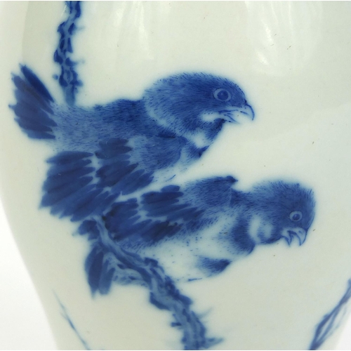 391 - Chinese blue and white porcelain vase, hand painted with birds on a branch, six figure character mar... 