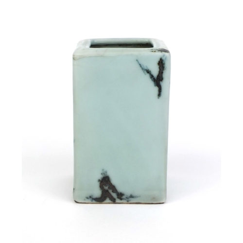 420 - Chinese porcelain celadon glazed square brush pot, hand painted with trees, four figure Qianlong cha... 