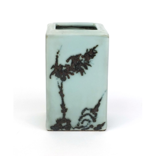 420 - Chinese porcelain celadon glazed square brush pot, hand painted with trees, four figure Qianlong cha... 