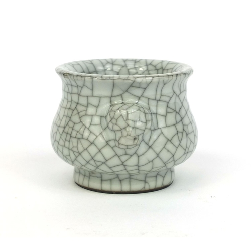 419 - Chinese Ge-Kiln type crackle glazed twin handled censer, 6cm high x 9cm in diameter