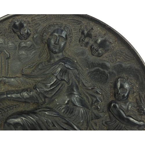 14 - Two Victorian vulcanite plaques of Apollo and St Cecilia, each 15.5cm