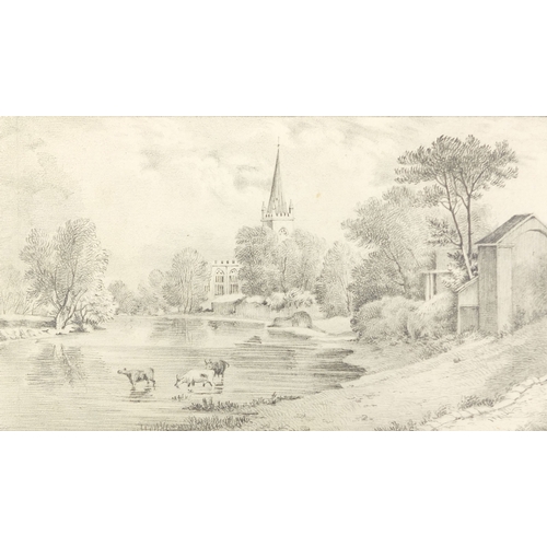 1047 - Unframed 19th century pencil sketch, the church Stratford Upon Avon, 16cm x 12cm