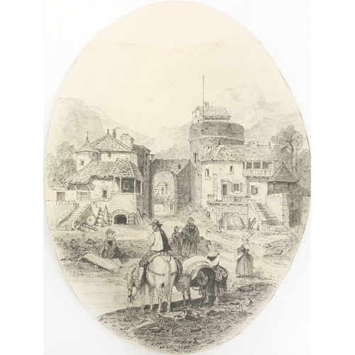 1048 - Unframed continental oval pencil sketch onto canvas, figures collecting water before a town, 20cm x ... 