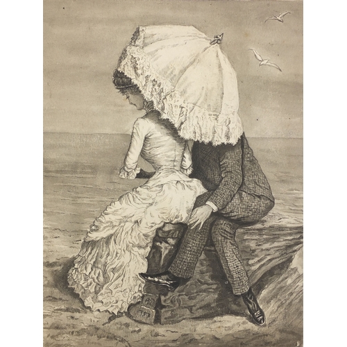 1043 - Unframed Victorian watercolour onto card, couple seated before the sea, 24cm x 19cm