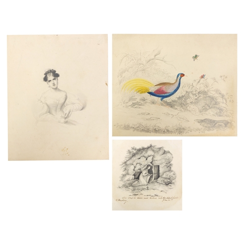 1046 - Group of three unframed pencil sketches onto card, including one of a knelt down female, bearing a s... 