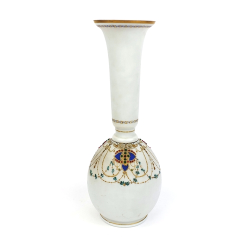 580 - Victorian white opaline glass vase with Persian influence, hand painted and jewelled with flowers an... 