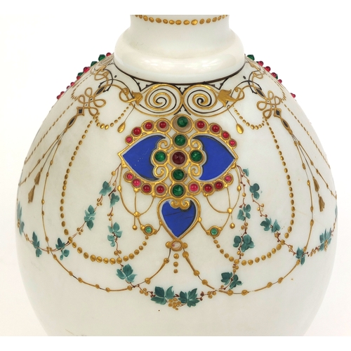 580 - Victorian white opaline glass vase with Persian influence, hand painted and jewelled with flowers an... 