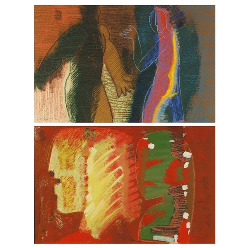 1029 - Two pastel onto paper abstract compositions, one of two surreal figures, the other of two surreal fa... 