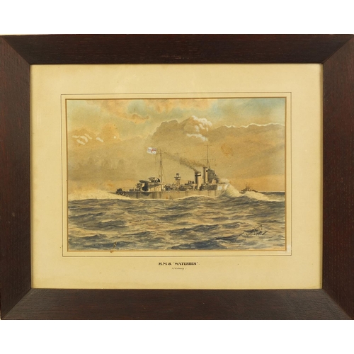 997 - Philip A Vicary - Watercolour, H.M.S Waterhen, inscribed verso, mounted and framed, 26cm x 18cm excl... 