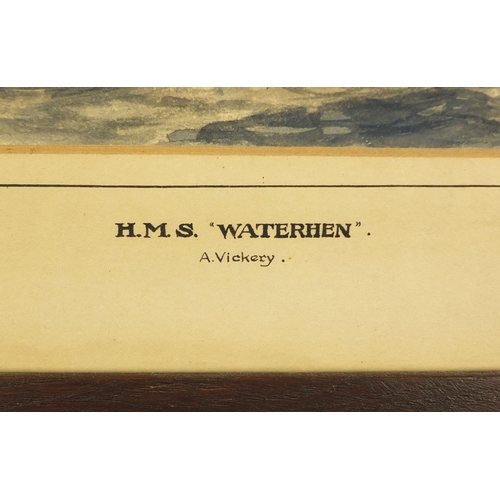 997 - Philip A Vicary - Watercolour, H.M.S Waterhen, inscribed verso, mounted and framed, 26cm x 18cm excl... 