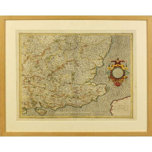 194 - 17th century Gerard Mercator hand coloured map of the South East of England, mounted and framed, 49c... 