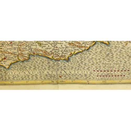 194 - 17th century Gerard Mercator hand coloured map of the South East of England, mounted and framed, 49c... 