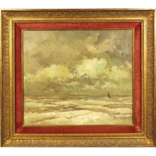 979 - Oil onto canvas, fishing boats on stormy seas, indistinctly signed, dated '49, inscribed verso, moun... 