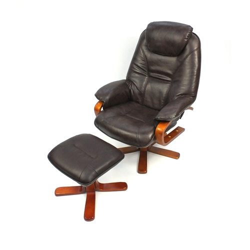 41 - Stressless style brown leatherette chair and foot stool