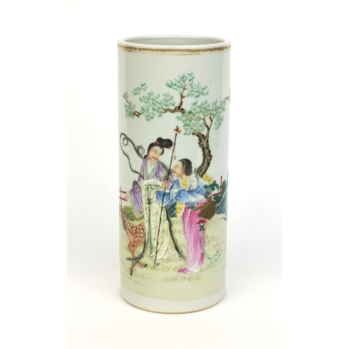 361 - Chinese porcelain cylindrical vase, hand painted in the famille rose palette with robed figures in a... 