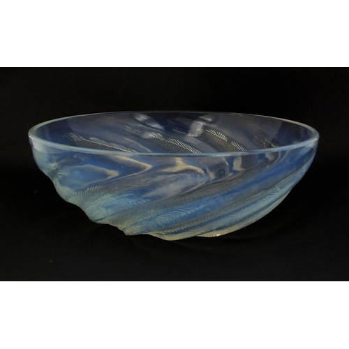 585 - Rene Lalique Poisson pattern opalescent glass bowl, moulded R Lalique to the interior, 20.5cm diamet... 