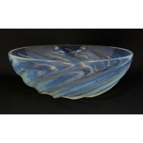 585 - Rene Lalique Poisson pattern opalescent glass bowl, moulded R Lalique to the interior, 20.5cm diamet... 