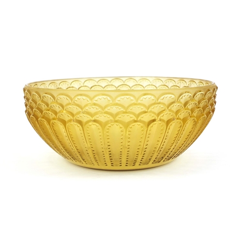 584 - Rene Lalique Jaffa pattern amber glass bowl etched R. Lalique to the base, 21cm in diameter