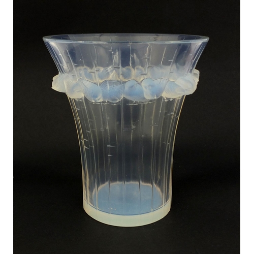 582 - Rene Lalique Boulouris pattern opalescent glass vase, moulded with a continuous band of birds, etche... 