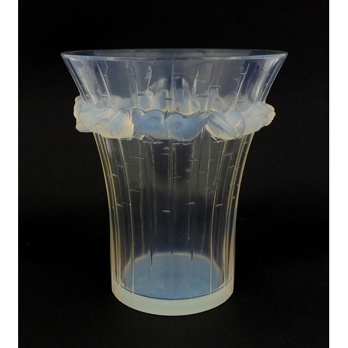 582 - Rene Lalique Boulouris pattern opalescent glass vase, moulded with a continuous band of birds, etche... 