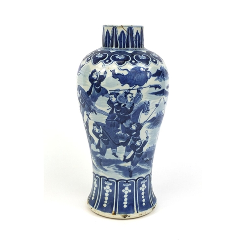 382 - Chinese blue and white porcelain baluster vase, hand painted with a continuous band of warriors on h... 