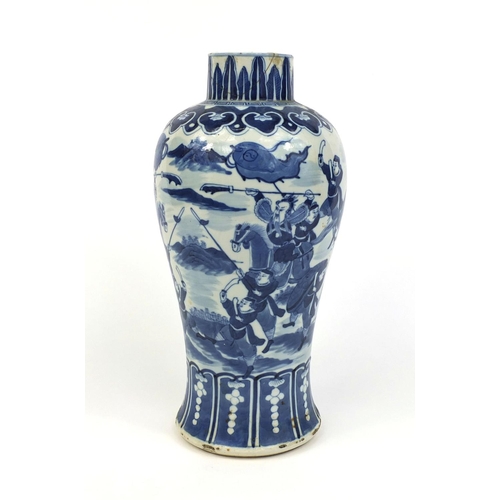 382 - Chinese blue and white porcelain baluster vase, hand painted with a continuous band of warriors on h... 