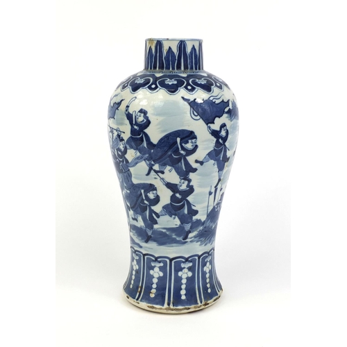 382 - Chinese blue and white porcelain baluster vase, hand painted with a continuous band of warriors on h... 