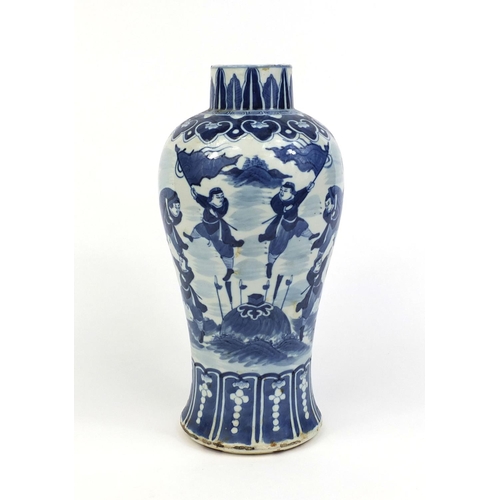 382 - Chinese blue and white porcelain baluster vase, hand painted with a continuous band of warriors on h... 