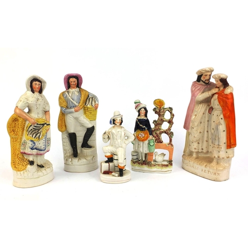 535 - Group of five Victorian Staffordshire flat back figures including Prodigals return, a pair of harves... 