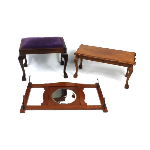 59 - Occasional furniture comprising mahogany stool with ball and claw feet, mirrored coat hook and coffe... 
