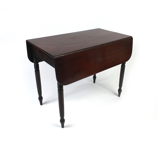6 - Mahogany Pembroke table fitted with a frieze drawer and raised on turned legs, 74cm high x 51cm wide... 