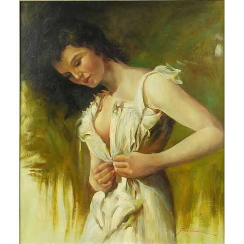 34 - Oil onto board, female buttoning her dress, bearing an indistinct signature, mounted and framed, 60c... 