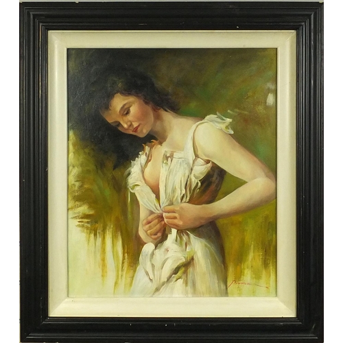 34 - Oil onto board, female buttoning her dress, bearing an indistinct signature, mounted and framed, 60c... 