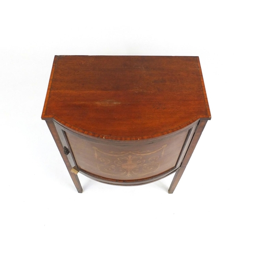 56 - Edwardian inlaid mahogany bow front side cabinet, 87cm high x 62cm wide x 42cm deep