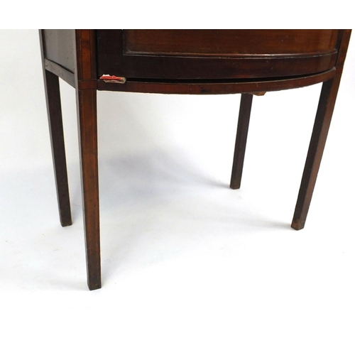 56 - Edwardian inlaid mahogany bow front side cabinet, 87cm high x 62cm wide x 42cm deep