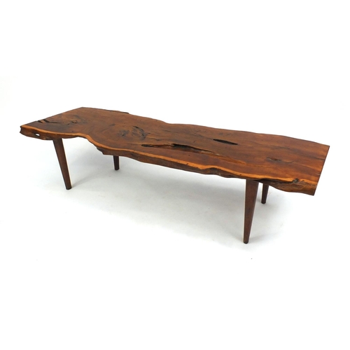 44 - Naturalistic yew wood coffee table, with brass plaque 'Genuine Reynolds of Ludlow Product' to the ba... 