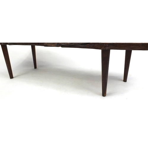 44 - Naturalistic yew wood coffee table, with brass plaque 'Genuine Reynolds of Ludlow Product' to the ba... 